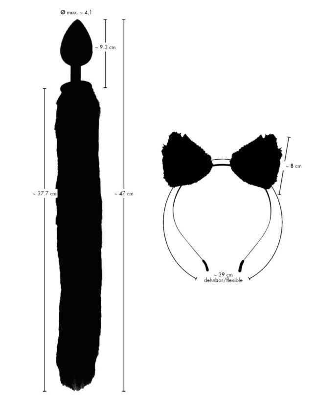 7 cm de comprimento; Orelhas de gato com 8 cm de comprimento; Faixa de cabeça com 0